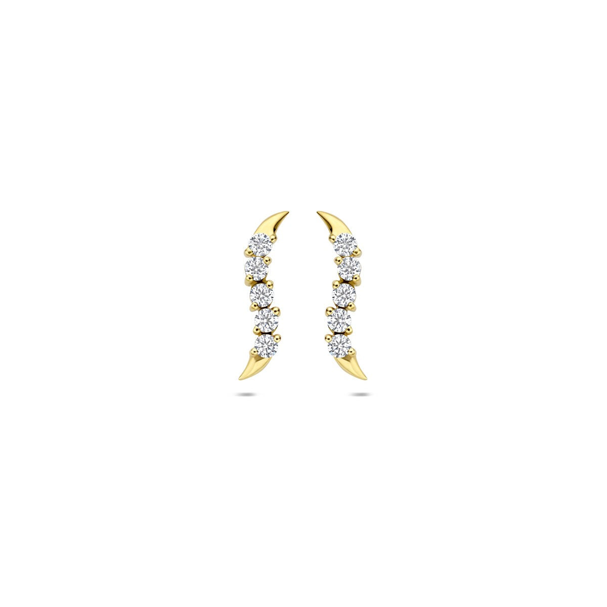 Orecchini in oro giallo 9k con zircone, design ondulato e dettagli brillanti.