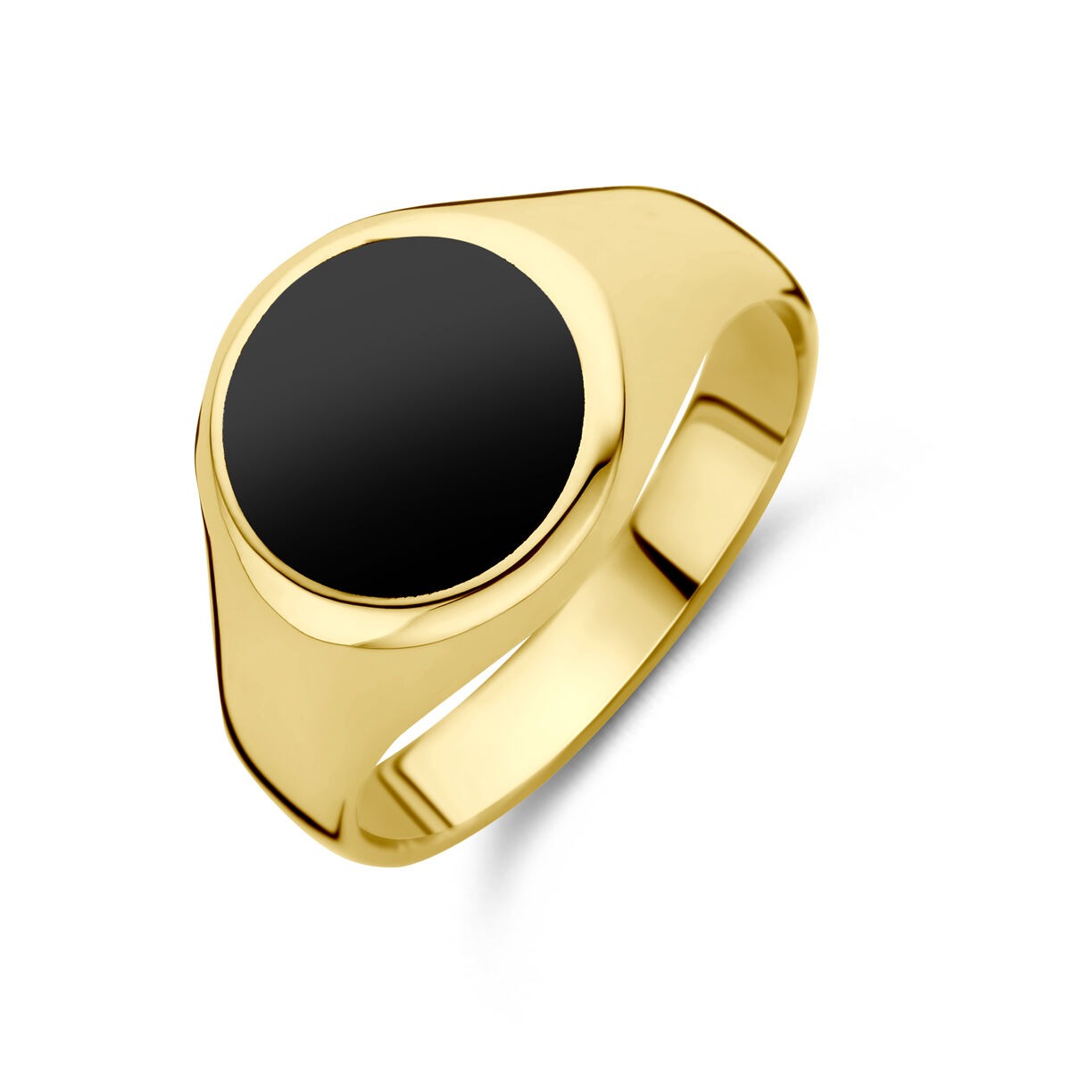 Anello in oro giallo 14k con onice nero, design rotondo e finitura lucida.