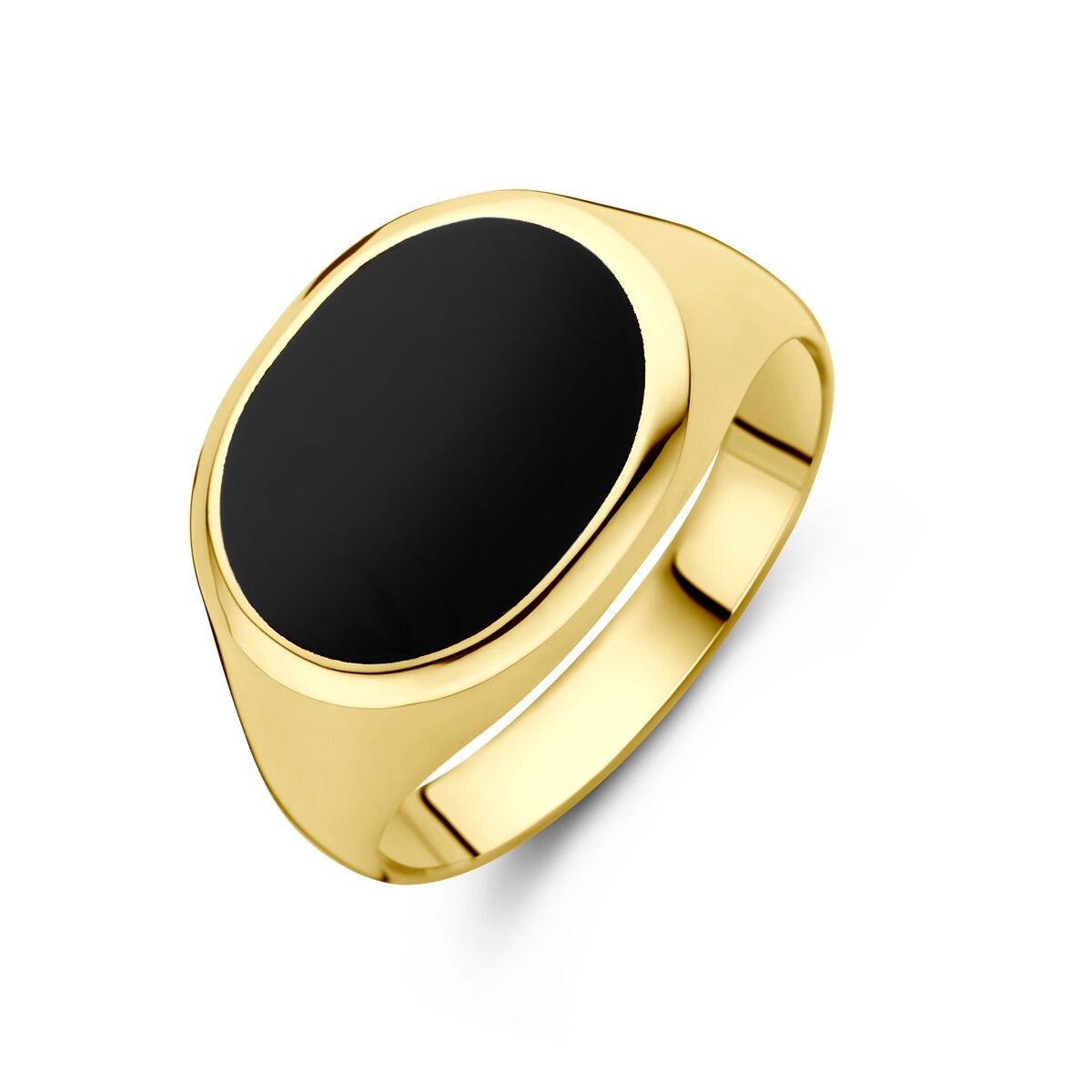 Anello in oro giallo 14k con onice nero, forma ovale e finitura lucida.