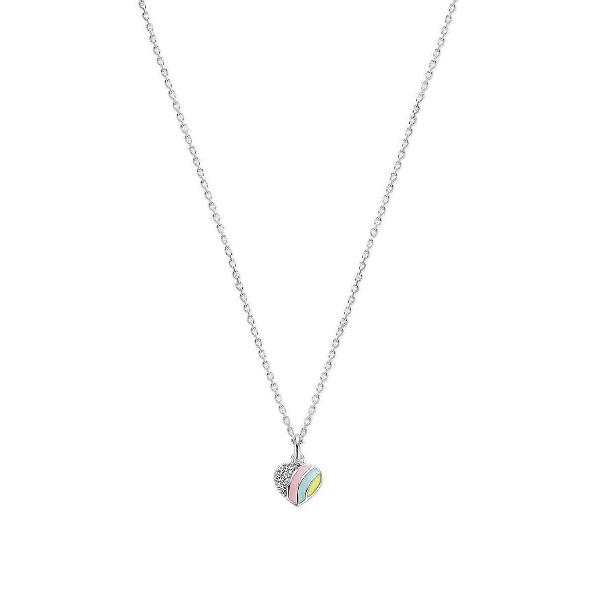 Collana in argento rodiato con ciondolo a forma di cuore decorato con strisce colorate.