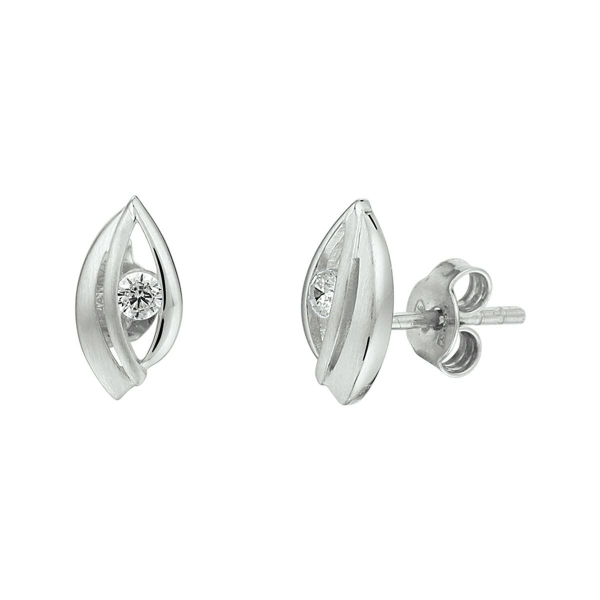 Orecchini in argento 925 rodiato con zircone, a forma di foglia.