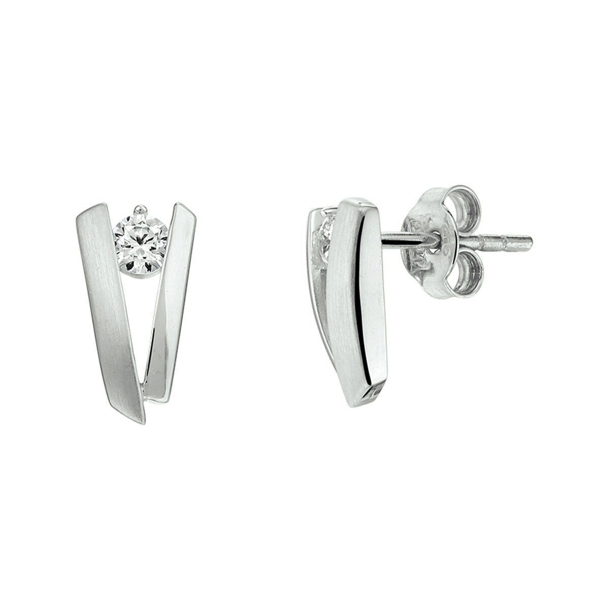 Orecchini in argento 925 rodiato con zircone, design a forma di V.