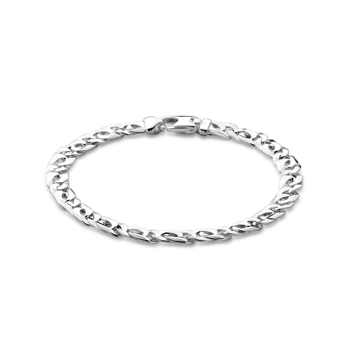 Zilveren heren armband met anker schakels en een karabijnsluiting, glanzende afwerking.