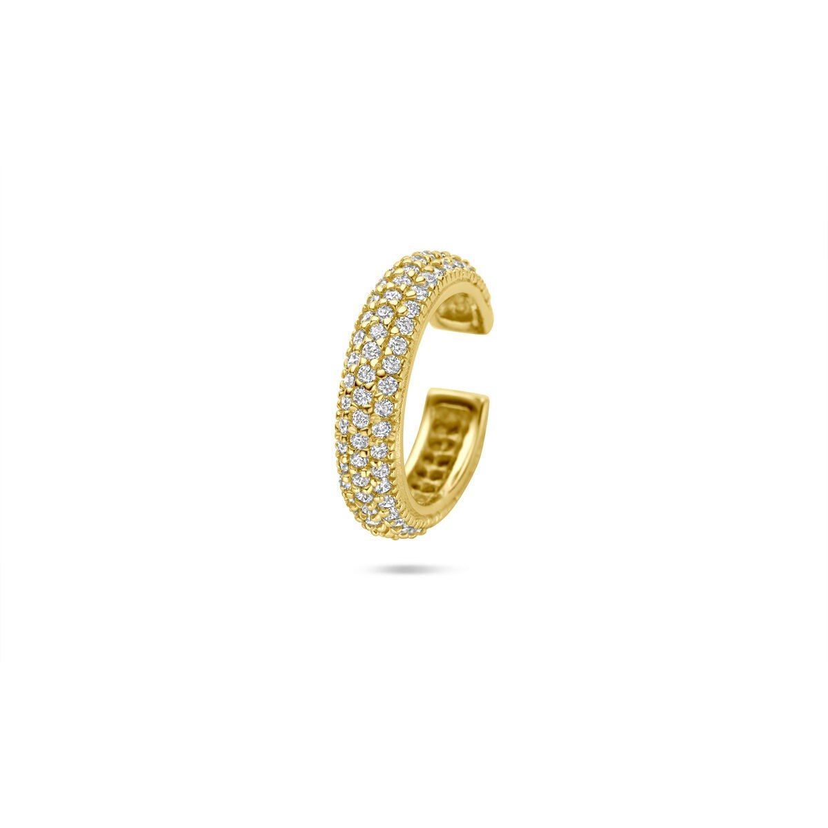 Orecchino cuff in argento dorato con zirconi, design a fascia.