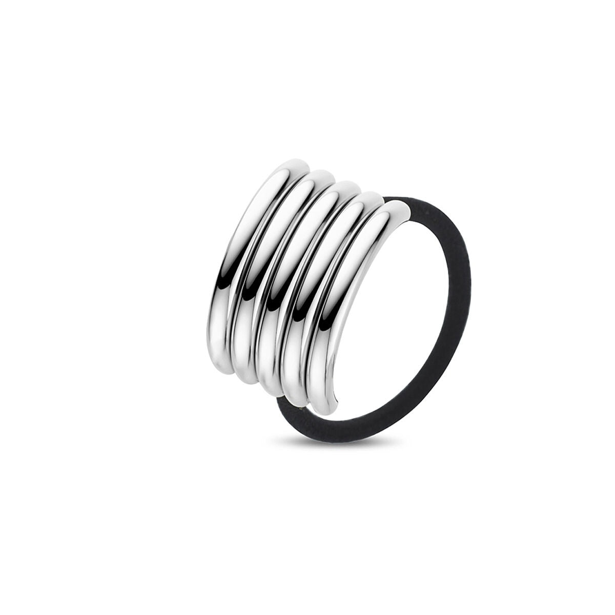 Cuff per capelli da donna in acciaio color argento con quattro fasce ondulate.