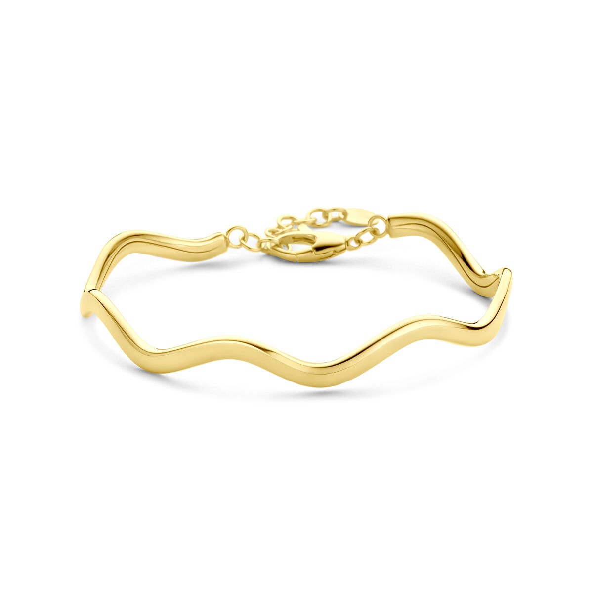 Bracciale in oro giallo 14k con design ondulato e chiusura a moschettone.