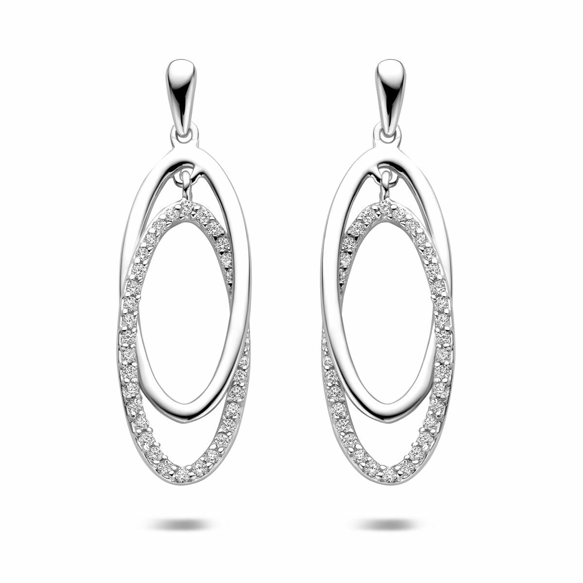Orecchini argentati con design ovale, rhodinato, decorati con zircone, lunghezza 35 mm.