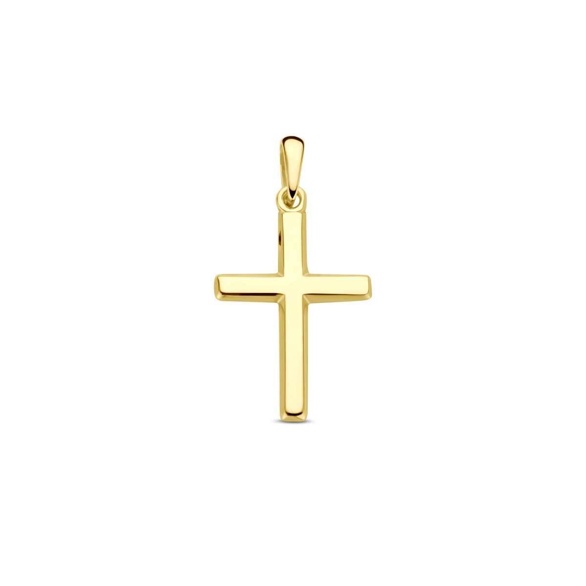 Ciondolo a croce in oro giallo 14k, dimensioni 17 x 12 mm, finitura lucida.