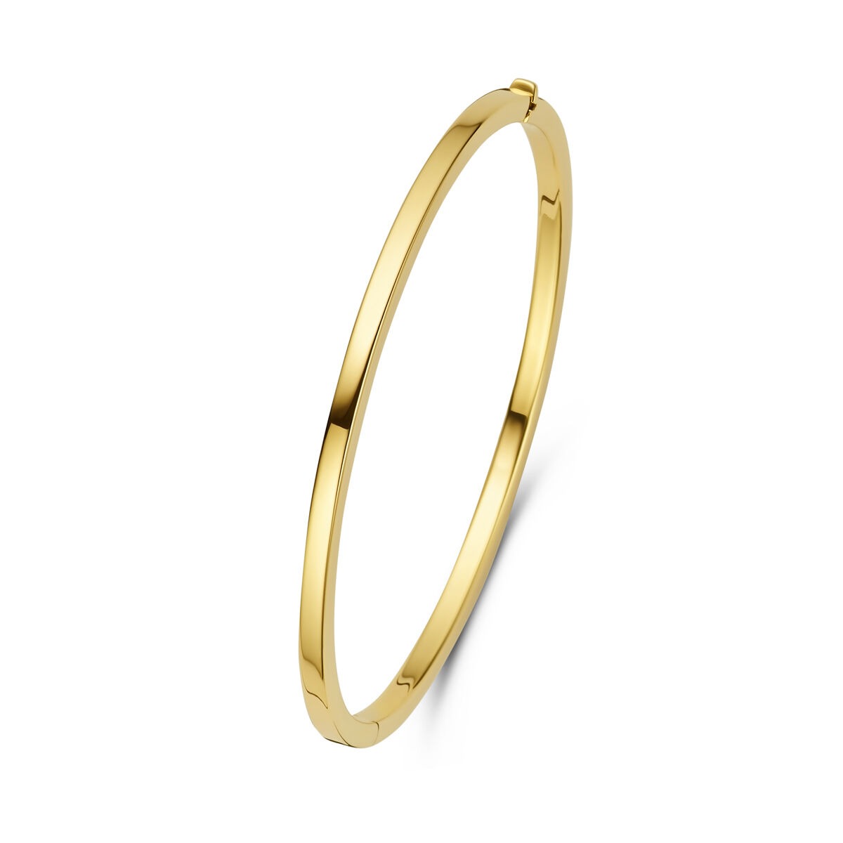Bracciale da donna in oro giallo 14k con chiusura a cerniera, forma sottile e liscia.