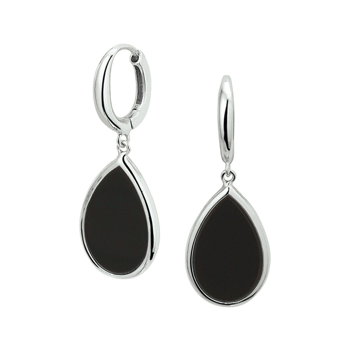 Orecchini alla creola in argento rodiato 925 con pendente in onice a forma di goccia.