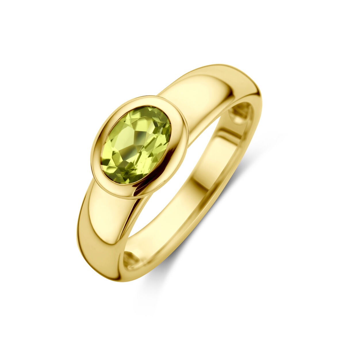 Anello in oro giallo 14k con peridoto, pietra ovale 7.5x9mm.