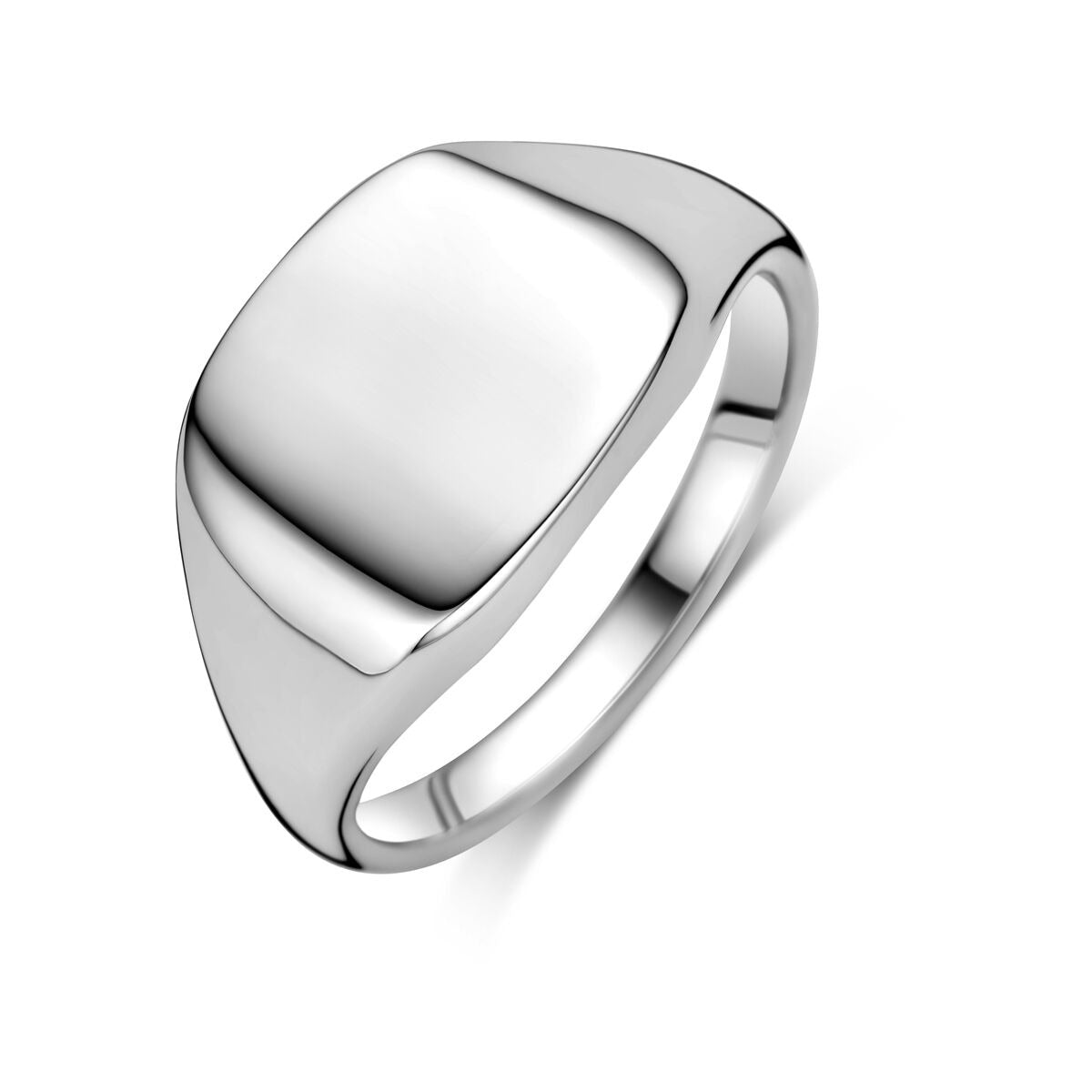 Anello in argento 925 rodiato con superficie liscia e forma squadrata.