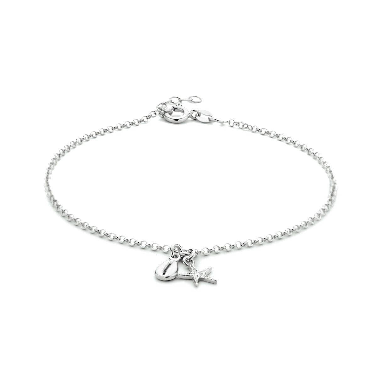 Bracciale in argento rodiato con charm a forma di stella e conchiglia, lunghezza 24-26 cm.