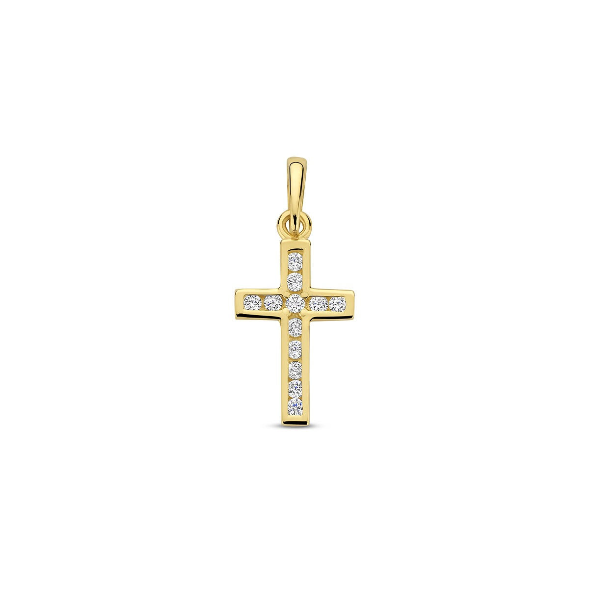 Ciondolo a croce in oro giallo 14k con zircone, dettagli brillanti.