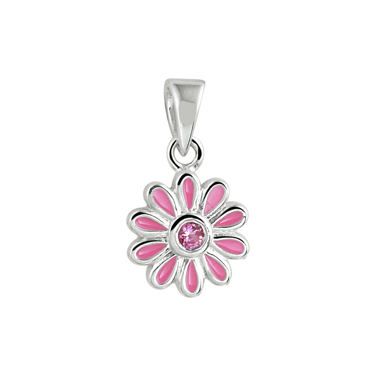 Ciondolo a forma di fiore in argento con zircone rosa al centro e smalto rosa.