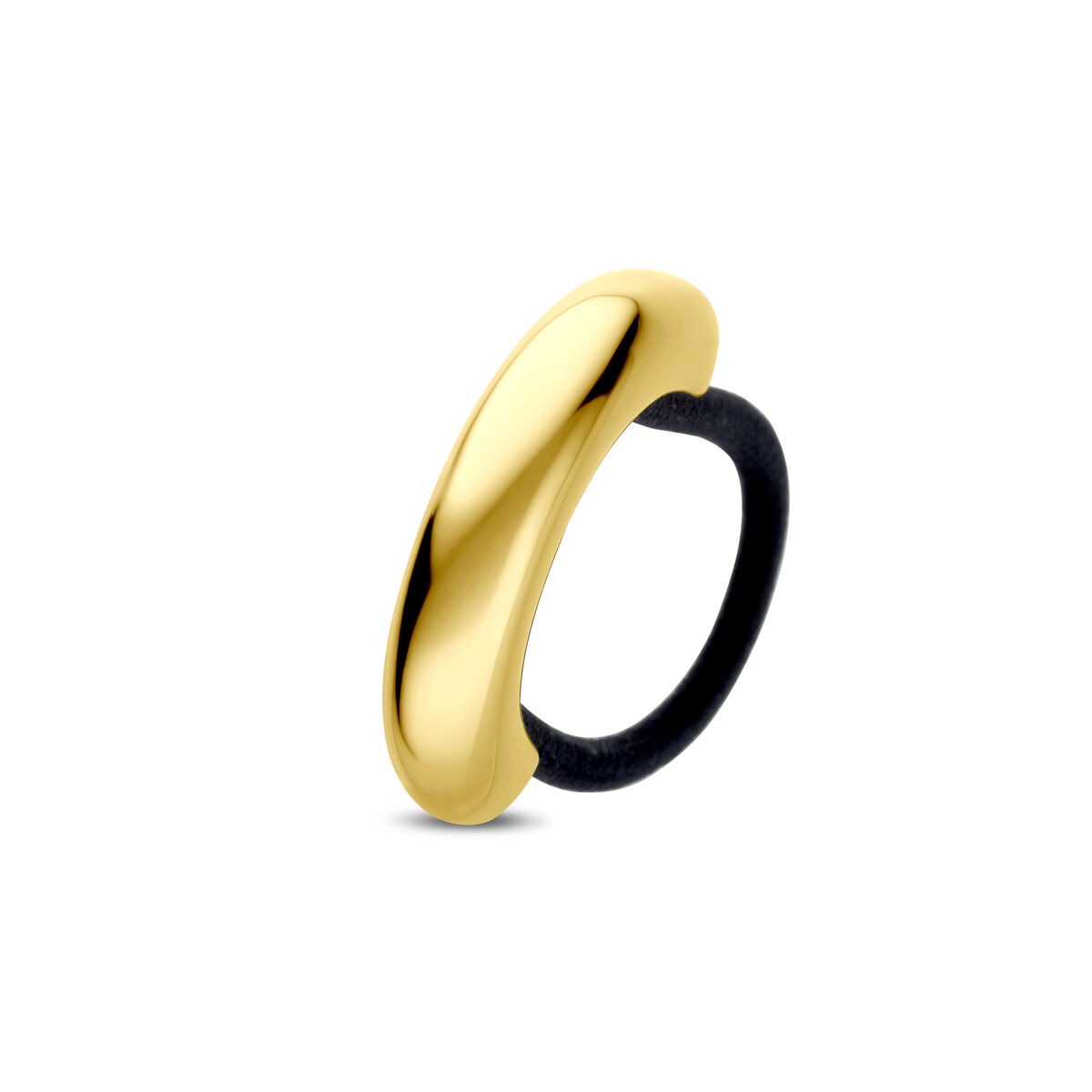 Cuff per capelli in acciaio dorato con finitura lucida e dettagli in nero.
