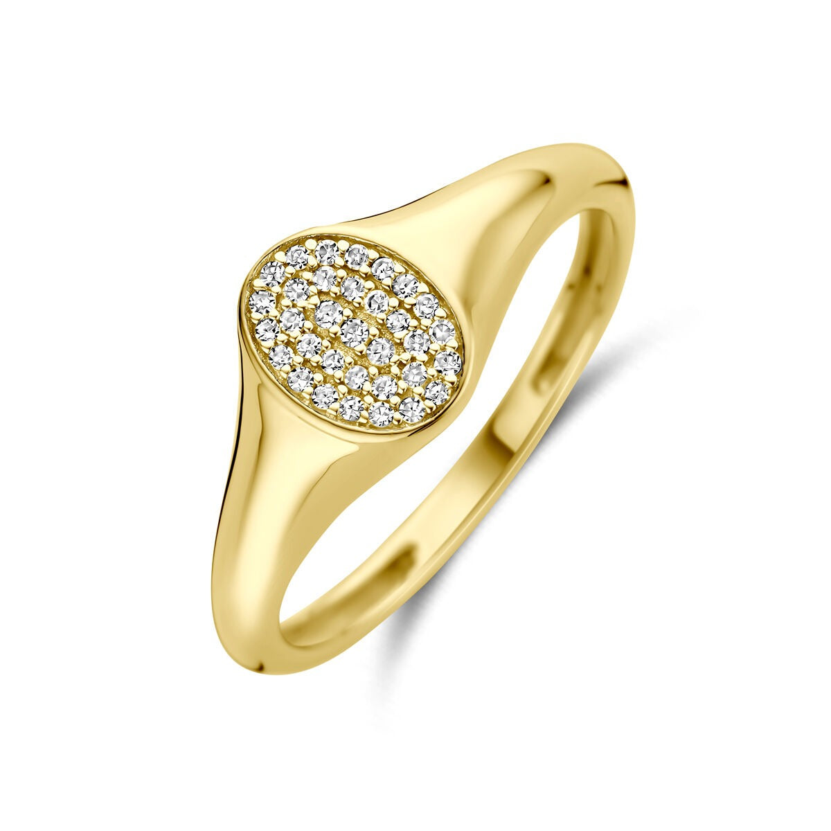 Anello in oro giallo 14k con diamanti, forma ovale e finitura lucida.