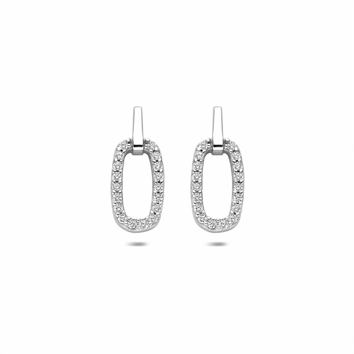 Orecchini in argento con zircone, forma ovale, misura 16,5 mm.