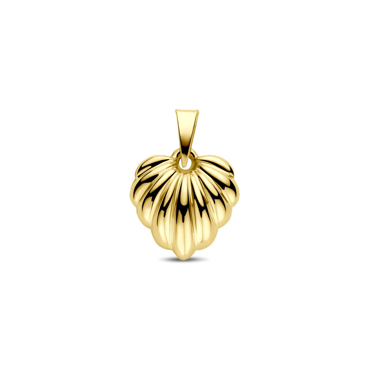 Ciondolo a forma di cuore in oro giallo 14k, 18 mm, con dettagli a rilievo.