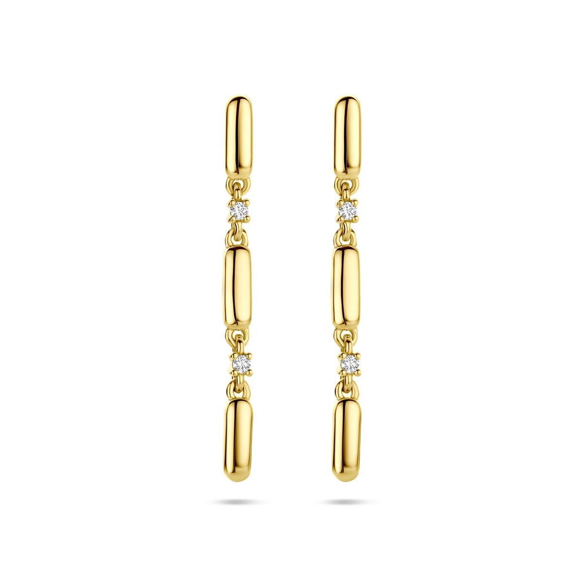 Orecchini in oro giallo 14k con diamanti, brillanti da 0,06 ct, lunghezza 32 mm.