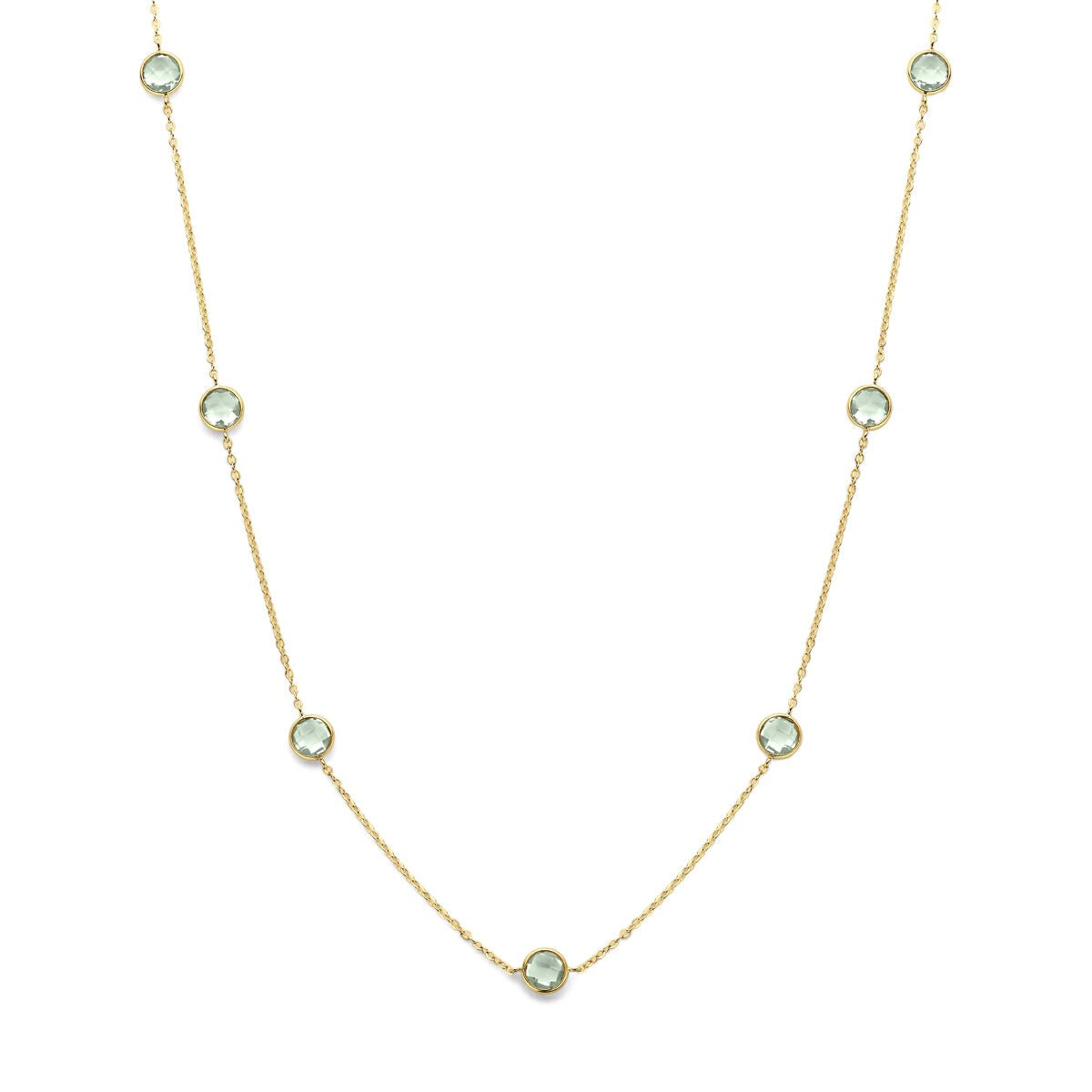 Geelgouden collier met groene amethist, voorzien van ronde steentjes in een verfijnde setting.