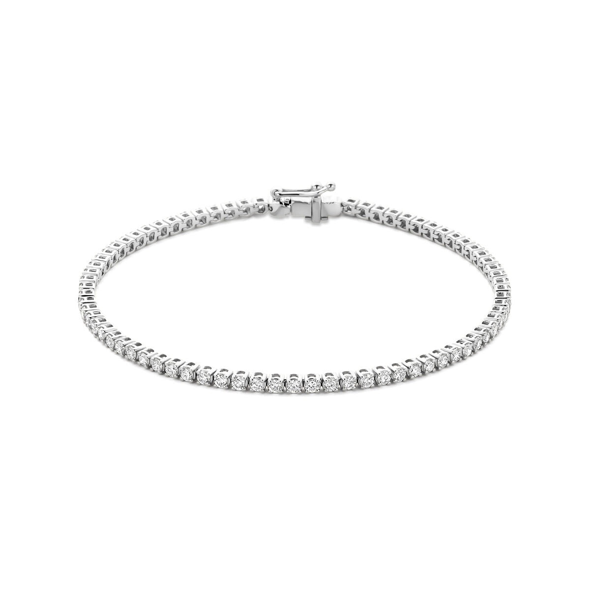 Bracciale in oro bianco 14k con diamanti lab-grown, design tennis con chiusura a moschettone.