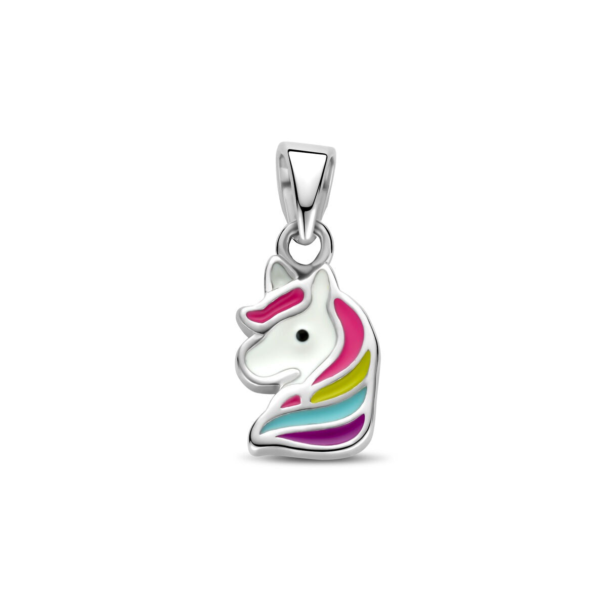 Ciondolo per bambini a forma di unicorno, in argento rodiato con dettagli colorati.