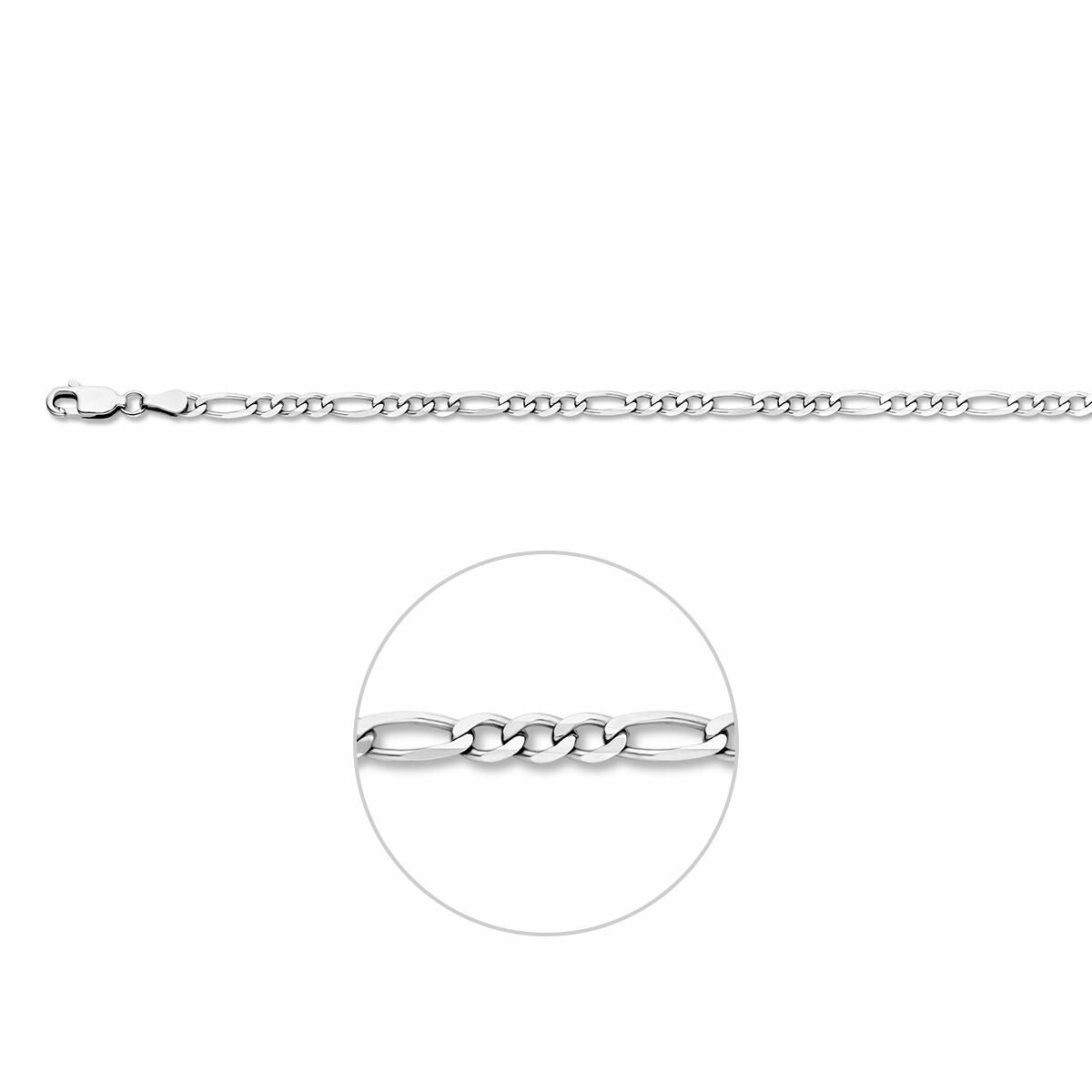 Gerhodineerde zilveren figaro ketting voor dames van 3,3 mm met een afwisselend schakelpatroon.