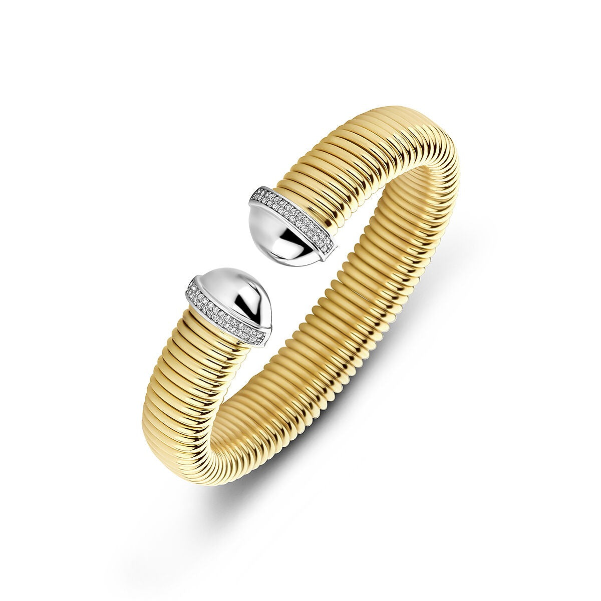 Bracciale in argento 925 con chiusura in zirconia, finitura dorata e design a spirale.
