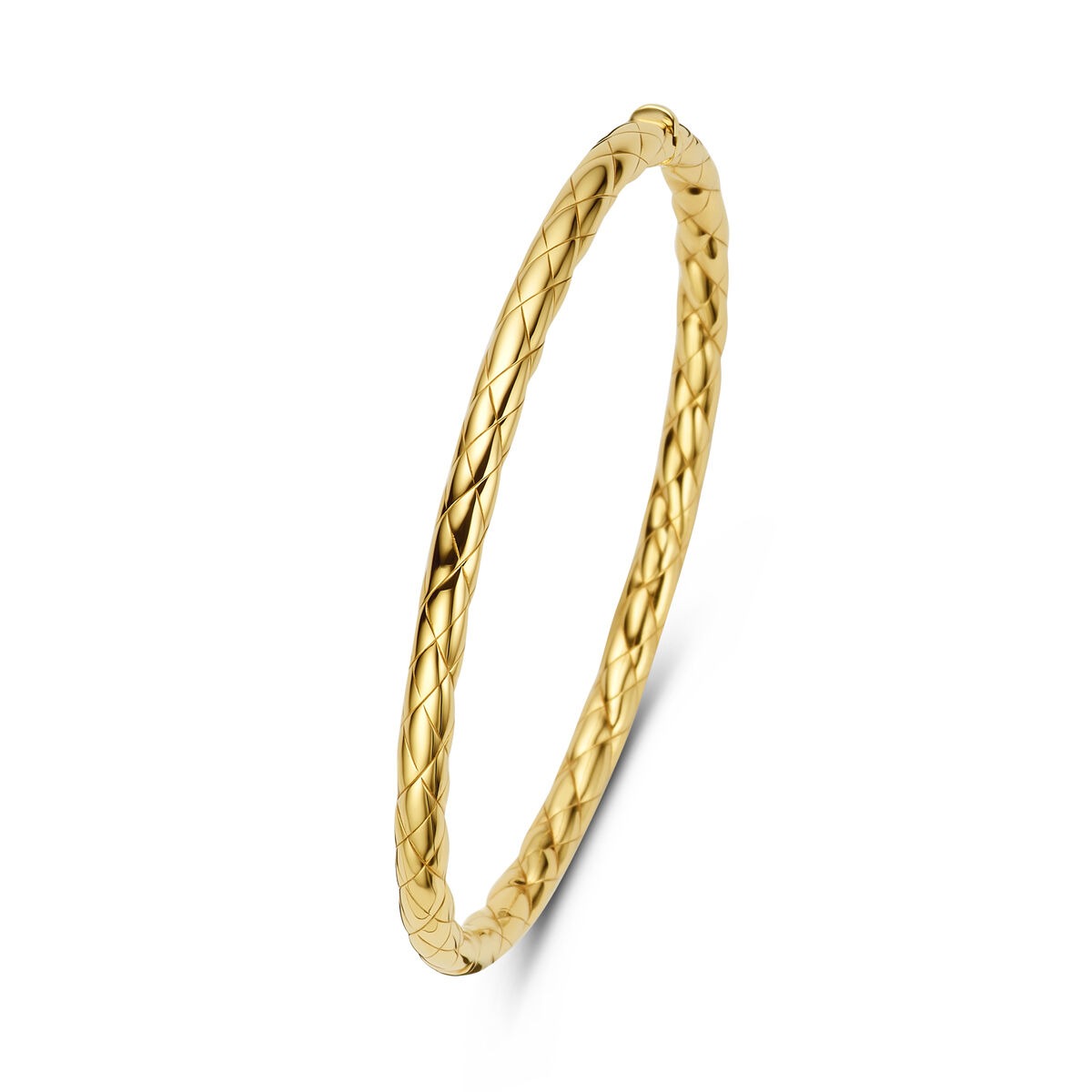 Bracciale in oro 14k con chiusura a cerniera e motivo intrecciato.