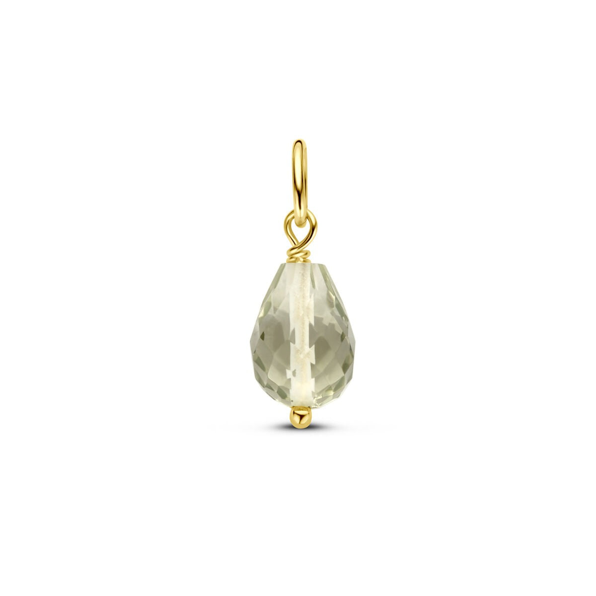 Geelgouden hanger met briolette geslepen groene amethist in druppelvorm.