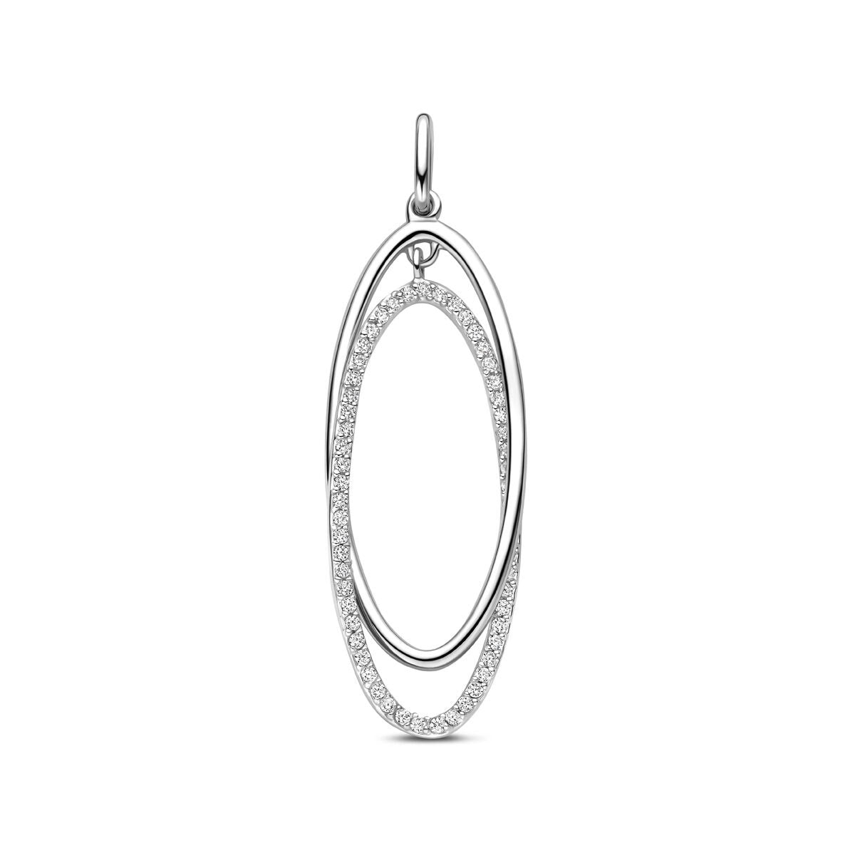 Ciondolo d'argento con zirconi, design ovale in stile entourage, misura 50 mm.