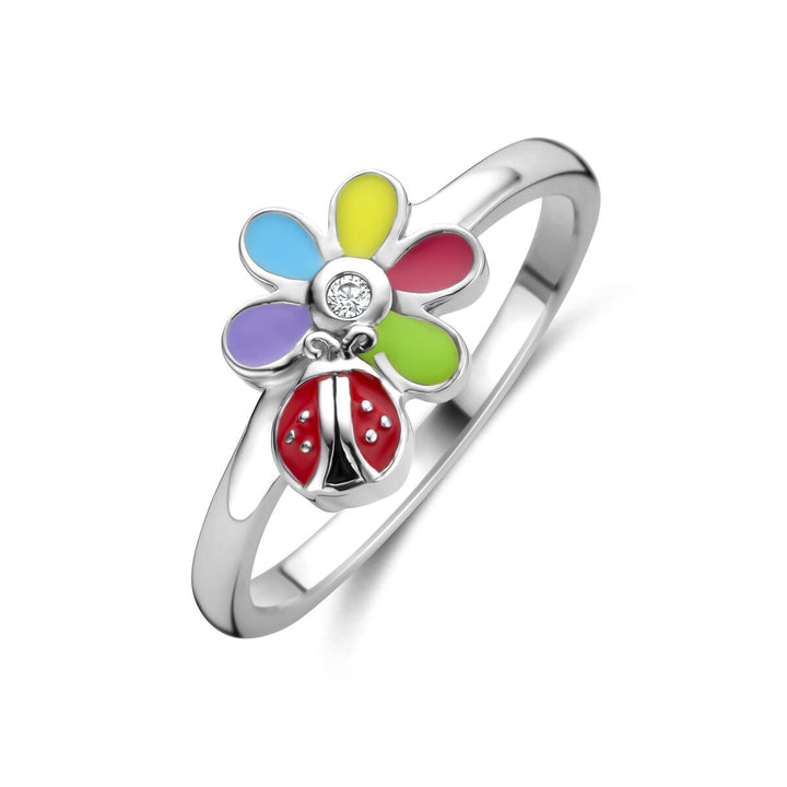 Zilveren kinder ring met zirkonia, bloem en lieveheersbeestje