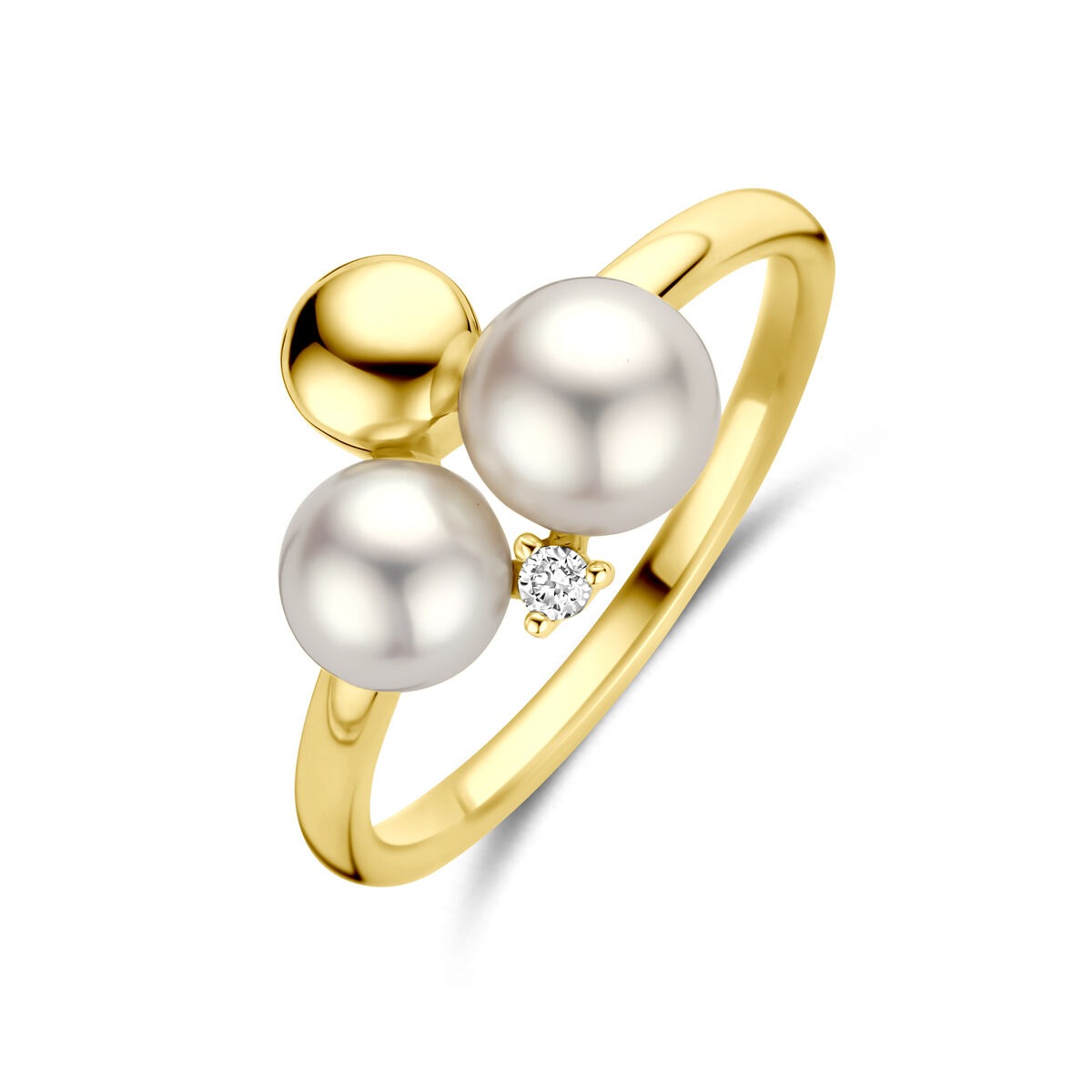Anello da donna in oro giallo 14k con perle e diamante, larghezza 11 mm.