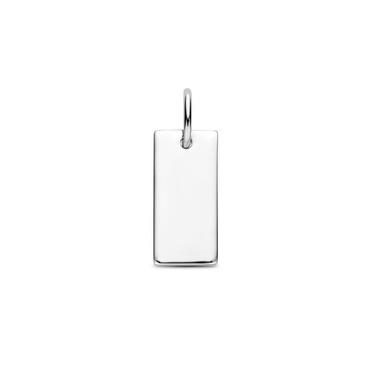 Zilveren graveerhanger in rechthoekige vorm, gerhodineerd 925 zilver met een gladde afwerking.