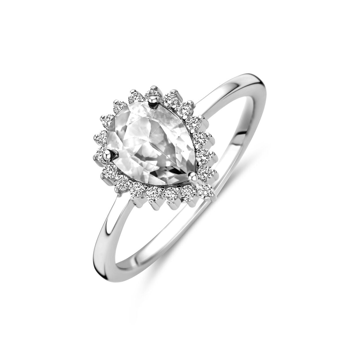 Anello d'argento con zircone a forma di pera circondato da piccole pietre.