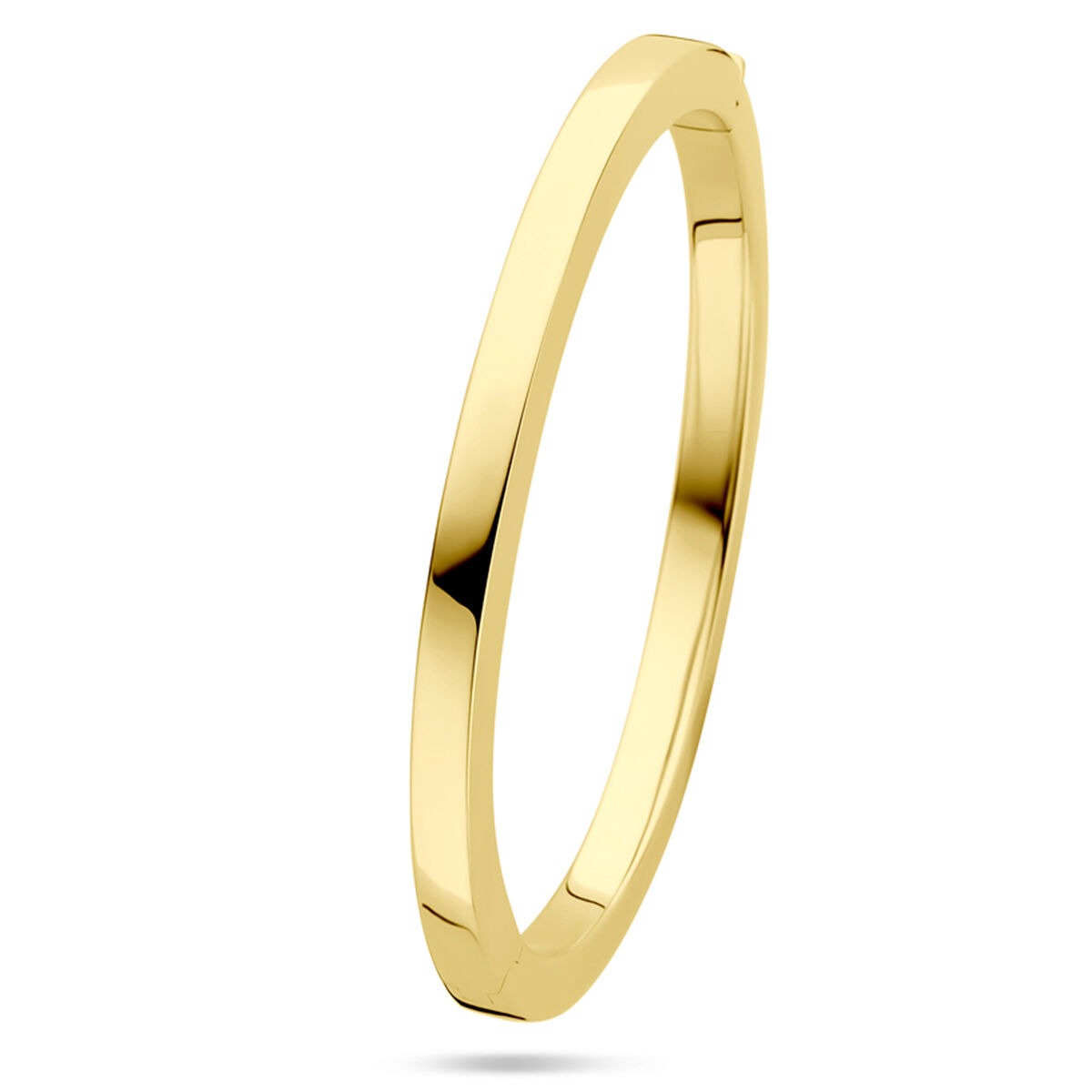 Bracciale in oro giallo 14k, largo 5 mm, con chiusura a cerniera.