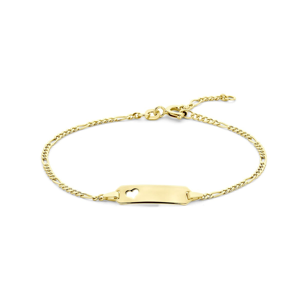 Bracciale in oro giallo 14k con placchetta incisa e catena a maglia rolò.