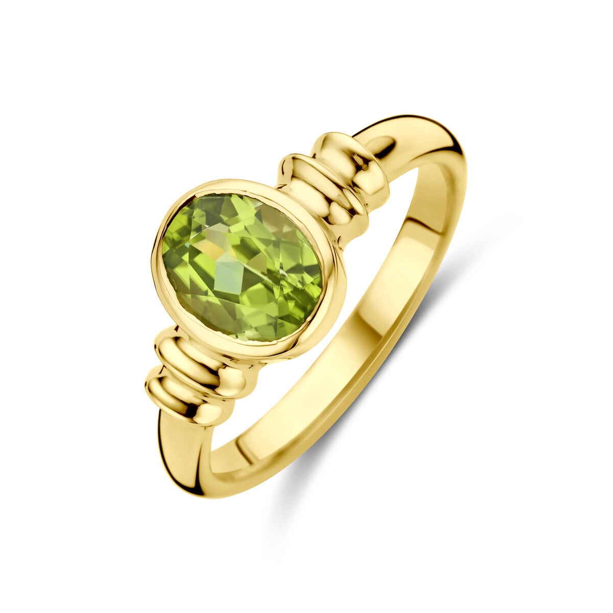 Anello da donna in oro giallo 14k con peridoto ovale.
