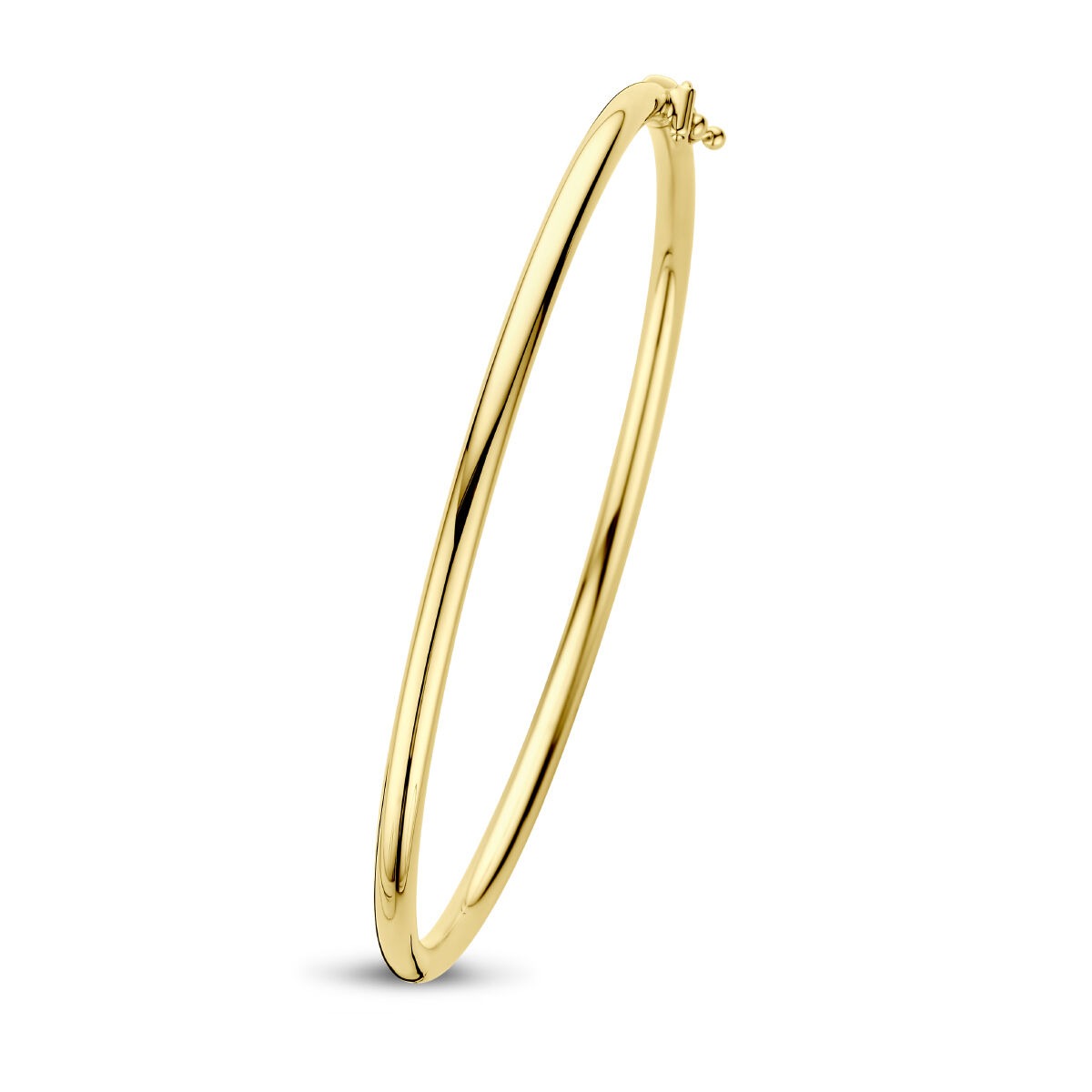 Bracciale bangle in oro giallo 9k con chiusura a cerniera, forma circolare e finitura lucida.