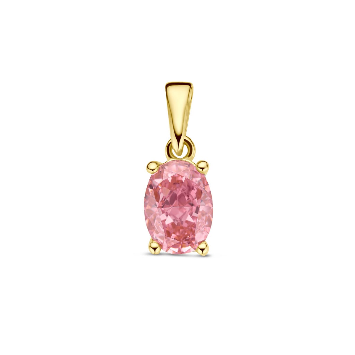 Ciondolo in oro giallo 14k con zirconia rosa, montatura ovale.
