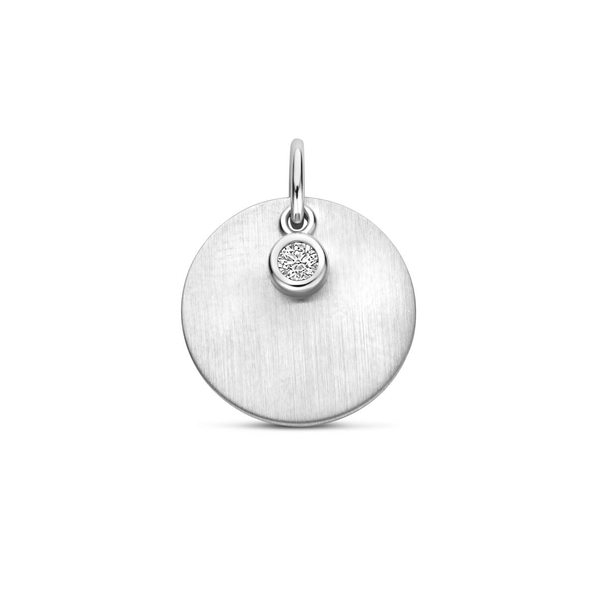 Ciondolo in argento rodiato 925 con superficie opaca e zircone incastonato.