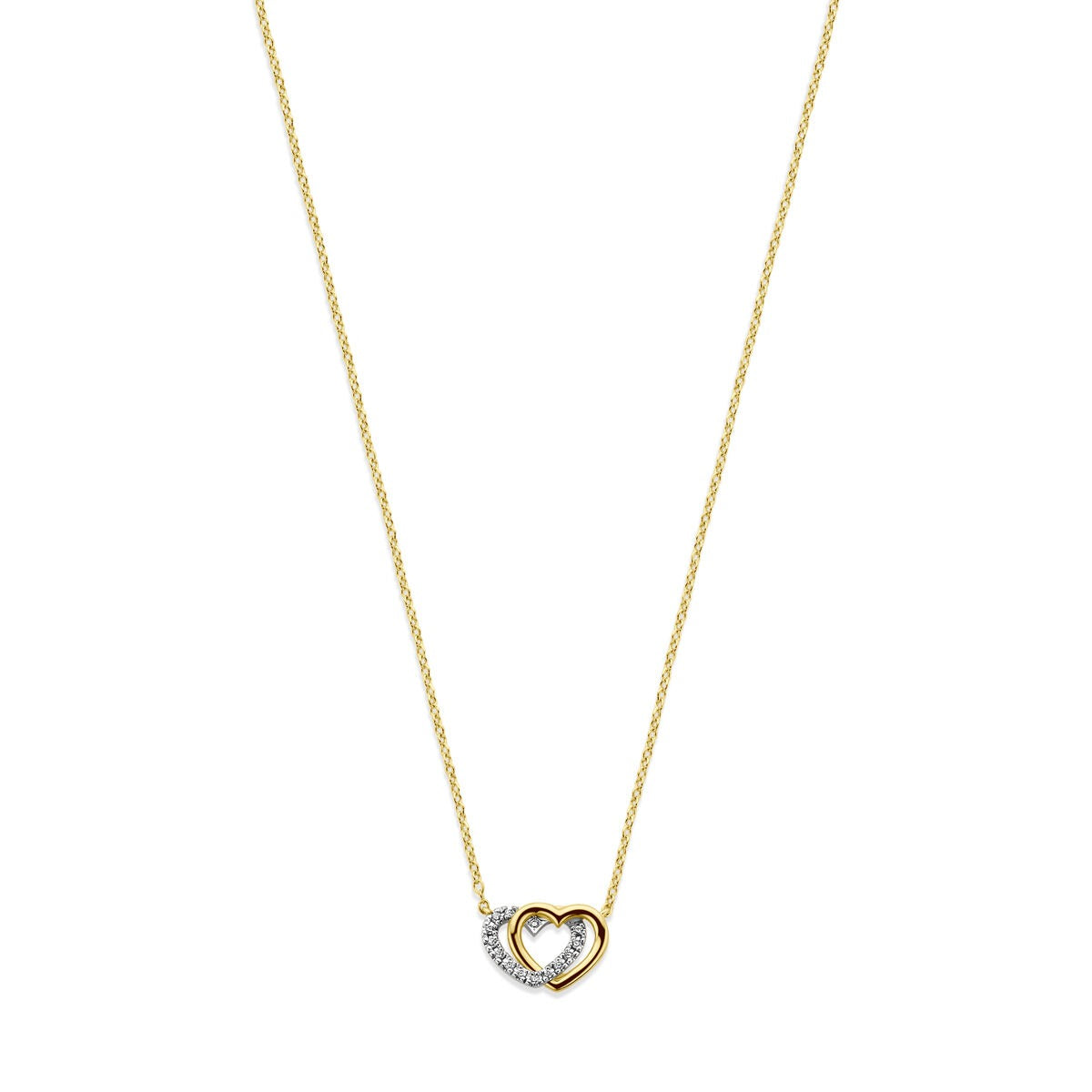 Collana in oro giallo 14k con cuori e diamanti.