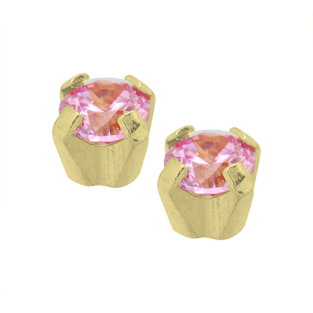 Orecchini con zircone rosa, montatura in oro, design a scatto, forma rotonda.