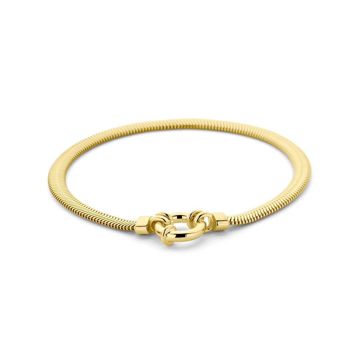 Bracciale in argento 925 placcato oro, design a serpente piatto con chiusura a moschettone.