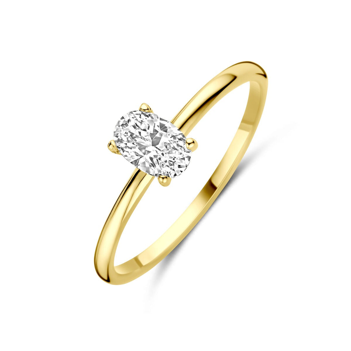 Anello in oro giallo 9k con zircone ovale, montatura sottile.