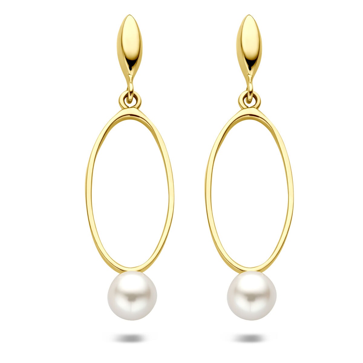 Orecchini in oro giallo 14k con perla, forma ovale, lunghezza 37 mm.
