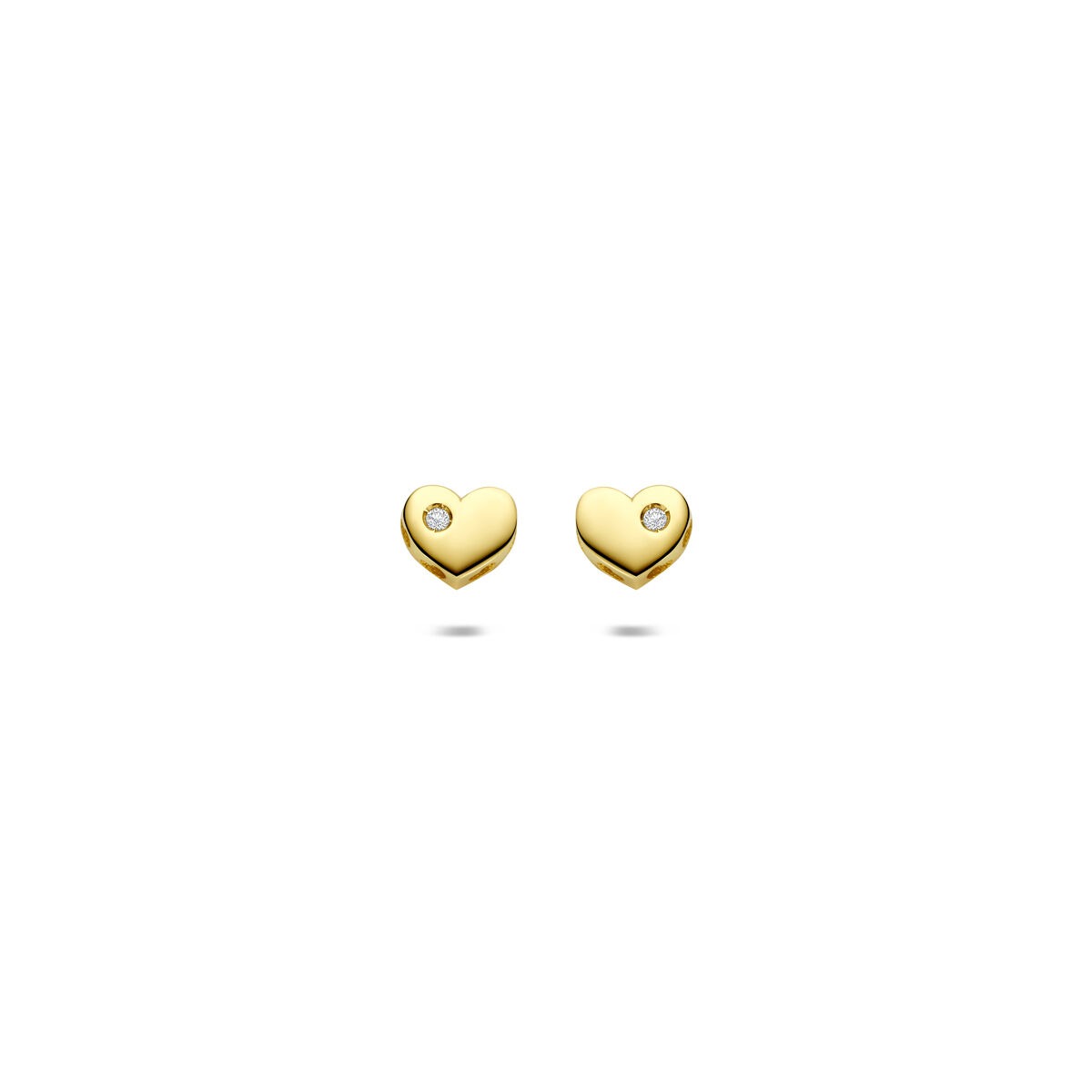 Orecchini per bambini in oro giallo 14k a forma di cuore con diamante lab-grown.