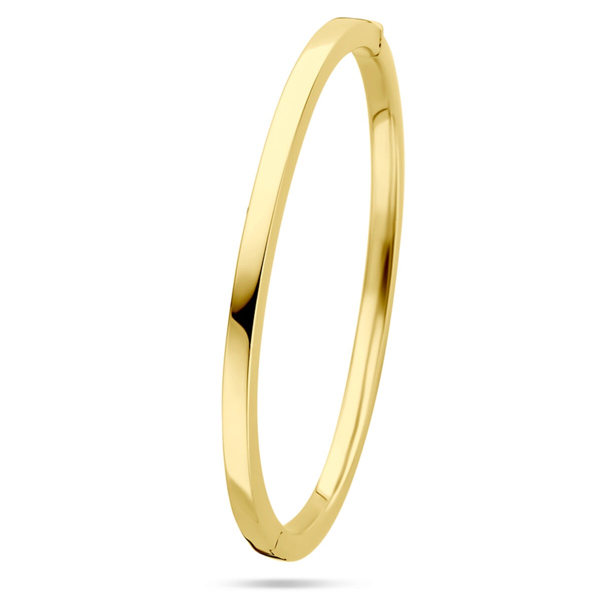 Bracciale in oro giallo 14k, largo 4 mm, con chiusura a cerniera.