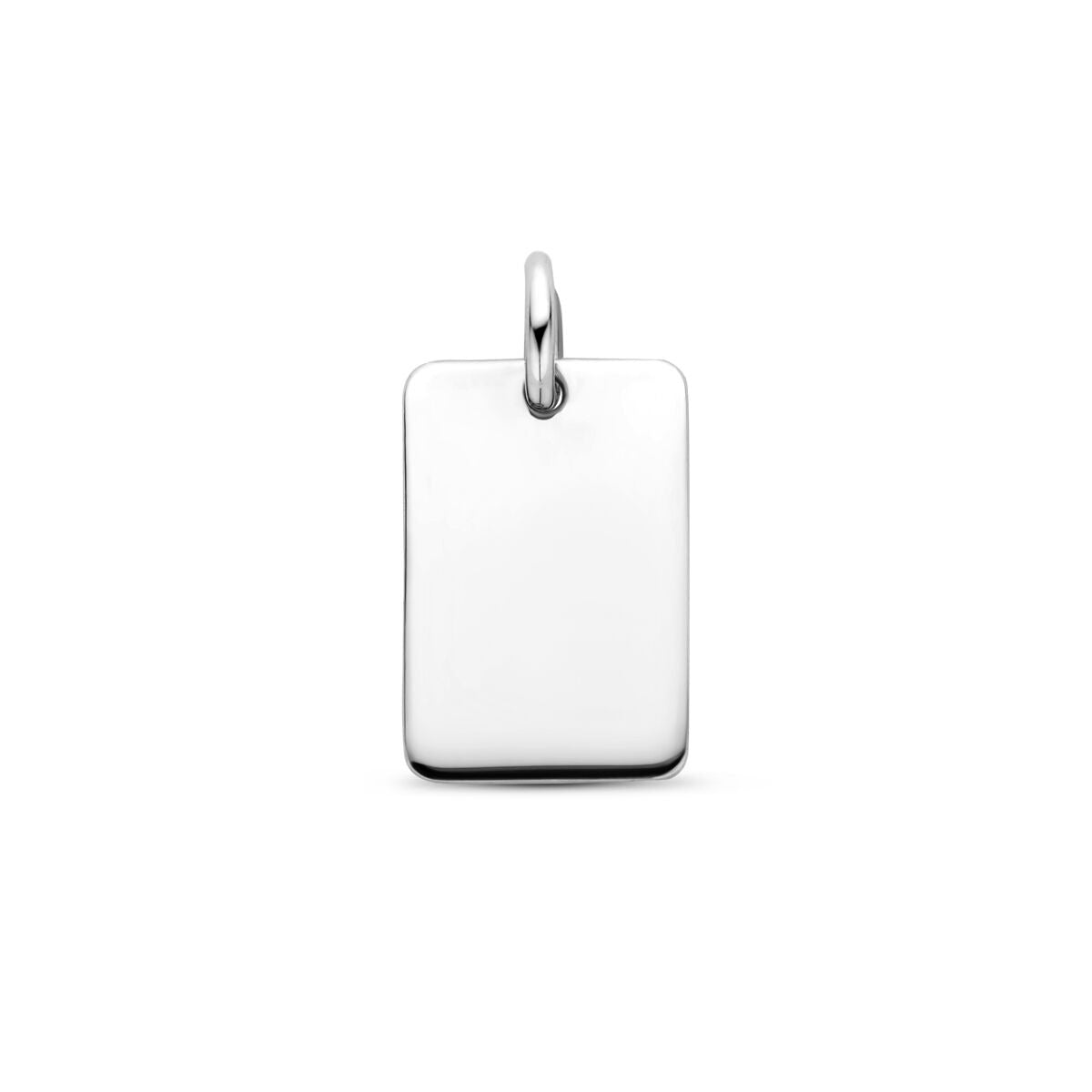 Ciondolo rettangolare in argento 925 rodiato, superficie liscia e lucida.